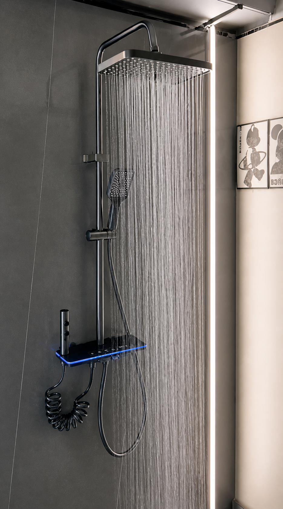 Piano shower mixer with digital display, LED, hand shower, and gray 4*1 spray gun