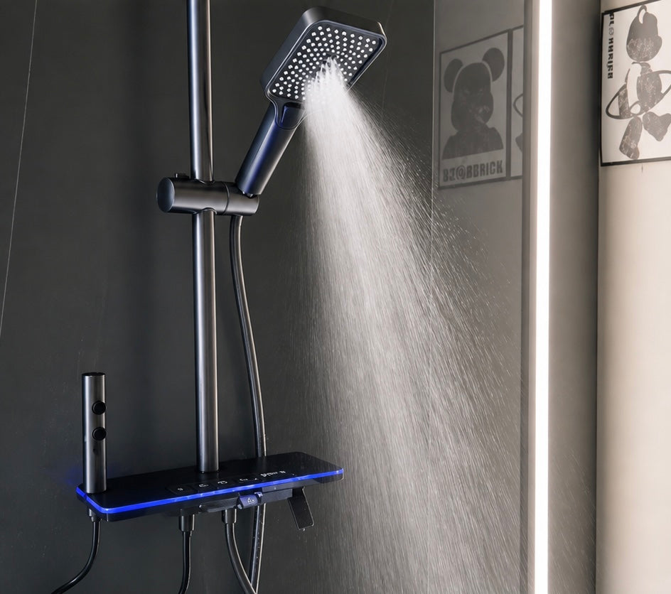 Piano shower mixer with digital display, LED, hand shower, and gray 4*1 spray gun