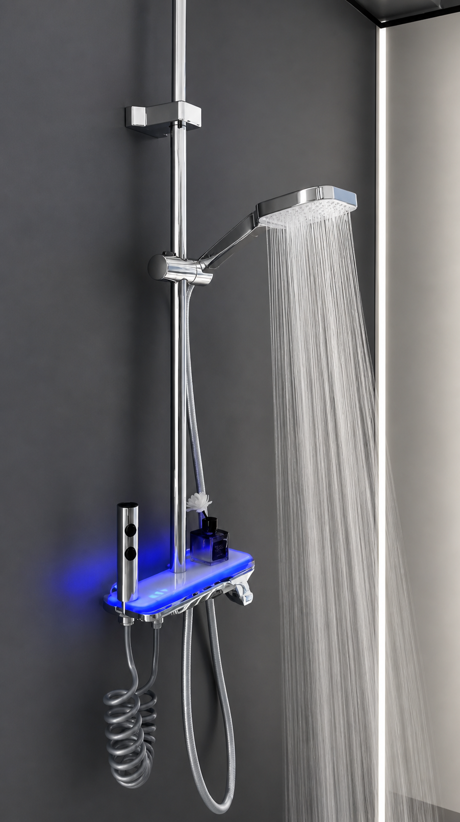 Piano shower bar with mixer, digital screen, LED, handset, and spray gun in silver, 4-in-1