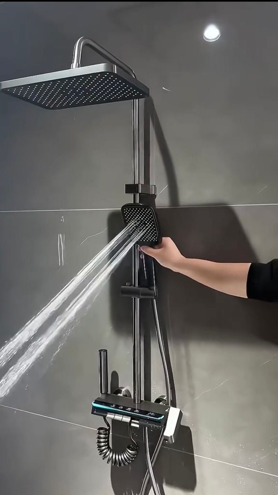 Piano shower bar with mixer, digital screen, LED, speaker, and spray hand, gray color, 4*1