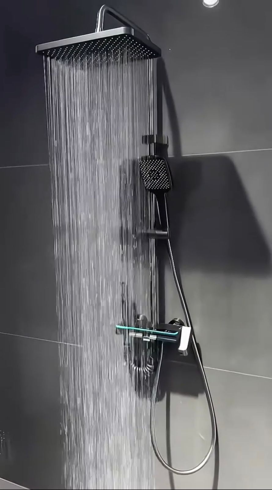 Piano shower bar with mixer, digital screen, LED, speaker, and spray hand, gray color, 4*1