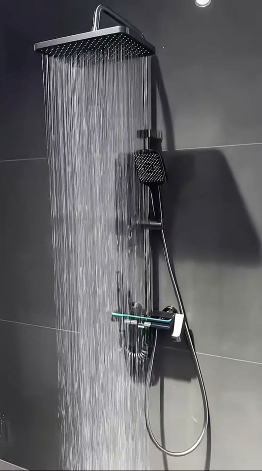 Piano shower bar with mixer, digital screen, LED, speaker, and spray hand, gray color, 4*1