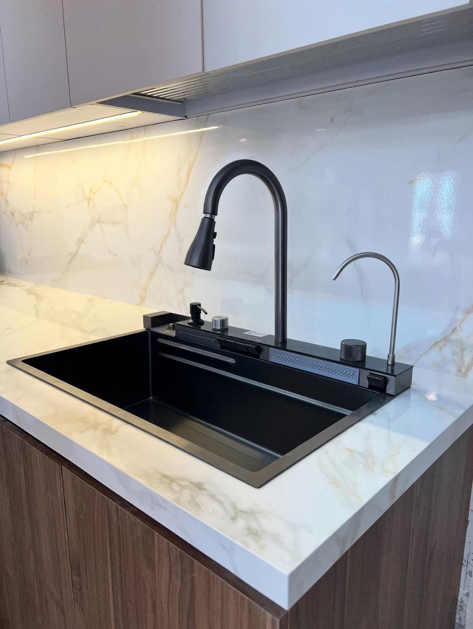 Smart kitchen sink, 5 digital buttons, 75 x 45 cm, black, with drainage and accessories