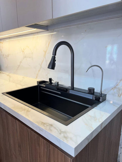 حوض المطبخ سمارت 5 زرار الديجيتال 75×45 سم أسود بالصرف والمشتملات