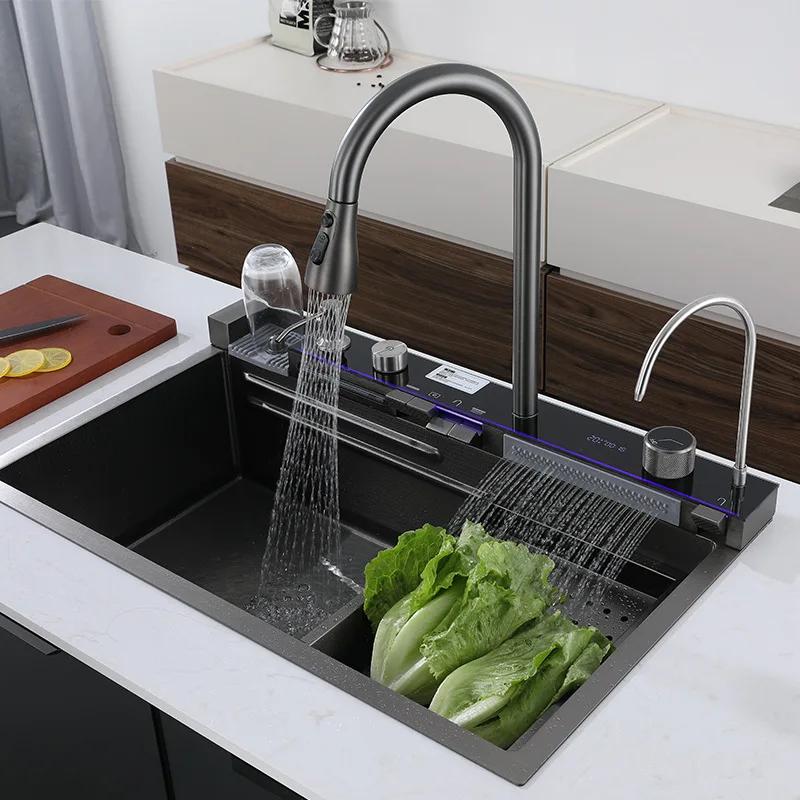 Smart kitchen sink, 5 digital buttons, 75 x 45 cm, black, with drainage and accessories