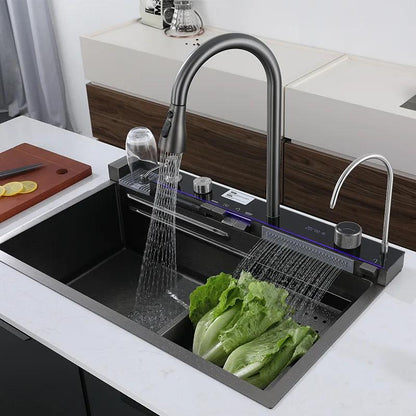 حوض المطبخ سمارت 5 زرار الديجيتال 75×45 سم أسود بالصرف والمشتملات