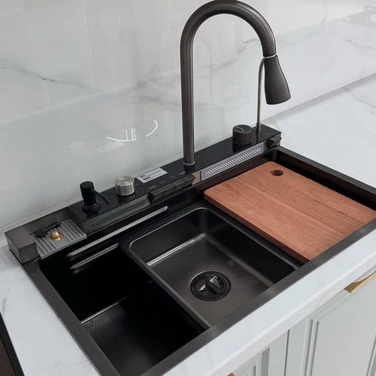 Smart kitchen sink, 5 digital buttons, 75 x 45 cm, black, with drainage and accessories