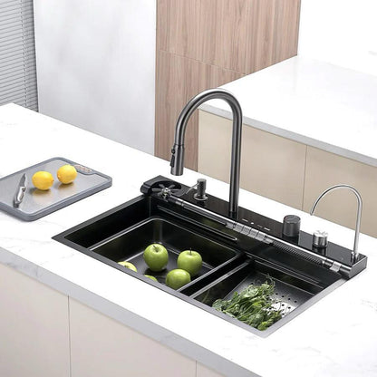 حوض المطبخ سمارت 7 زرار الديجيتال 75×45 سم أسود بالصرف والمشتملات