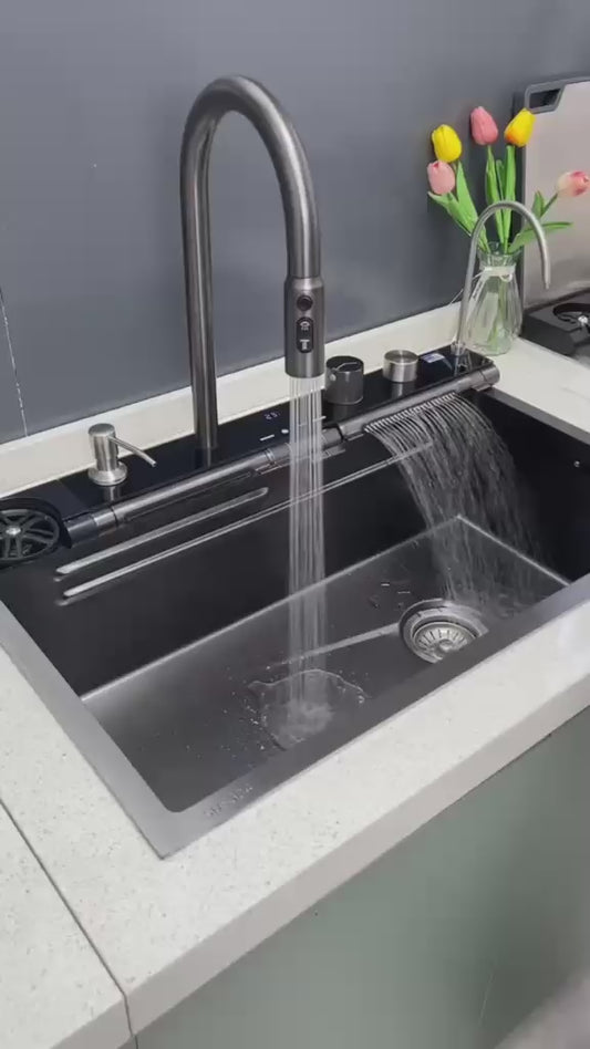 حوض المطبخ سمارت 7زرار الديجيتال 75 × 45 سم لون اسود بالصرف و المشتملات