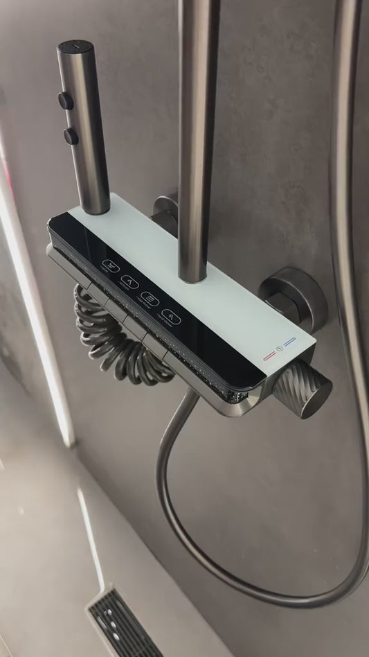 Piano Gray Shower Bar with Mixer, Digital Display, LED, Hand Shower, and Gray Spray Gun 4-in-1